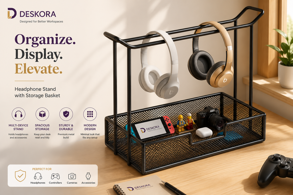Headphone Stand with Storage Tray | Deskora