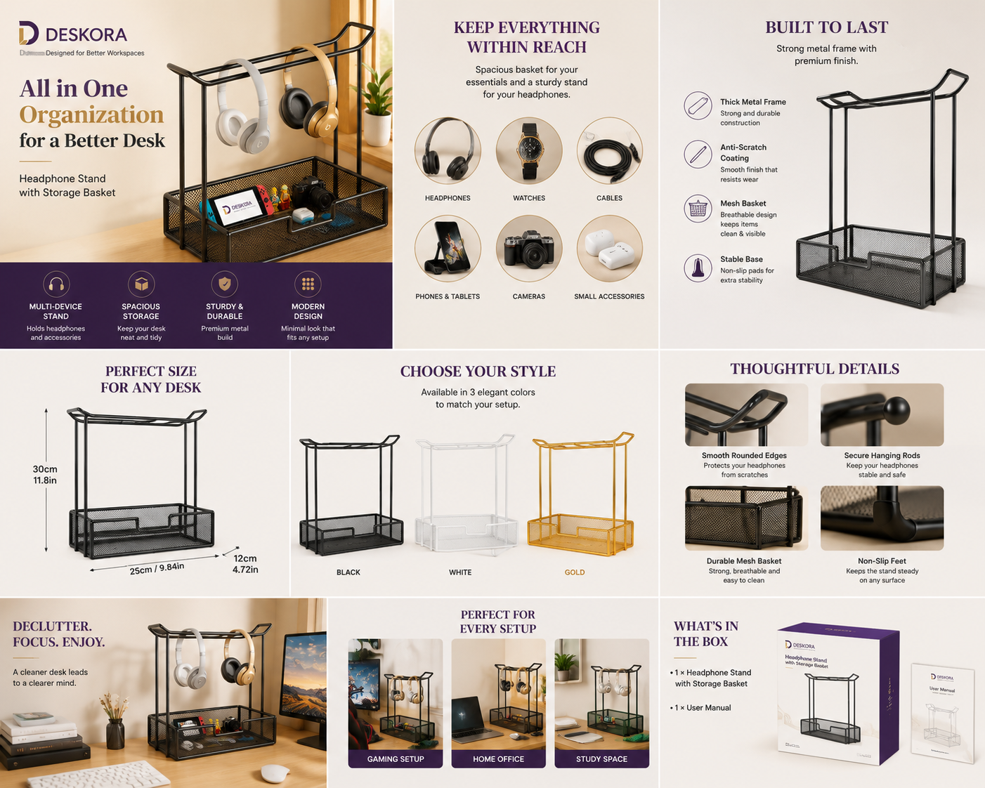 Headphone Stand with Storage Tray | Deskora