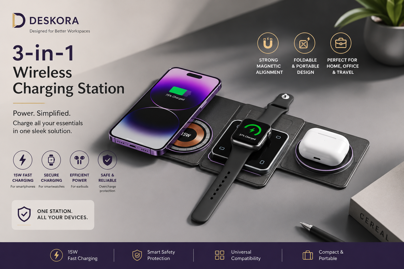 3-in-1 Magnetic Wireless Charging Station | Deskora