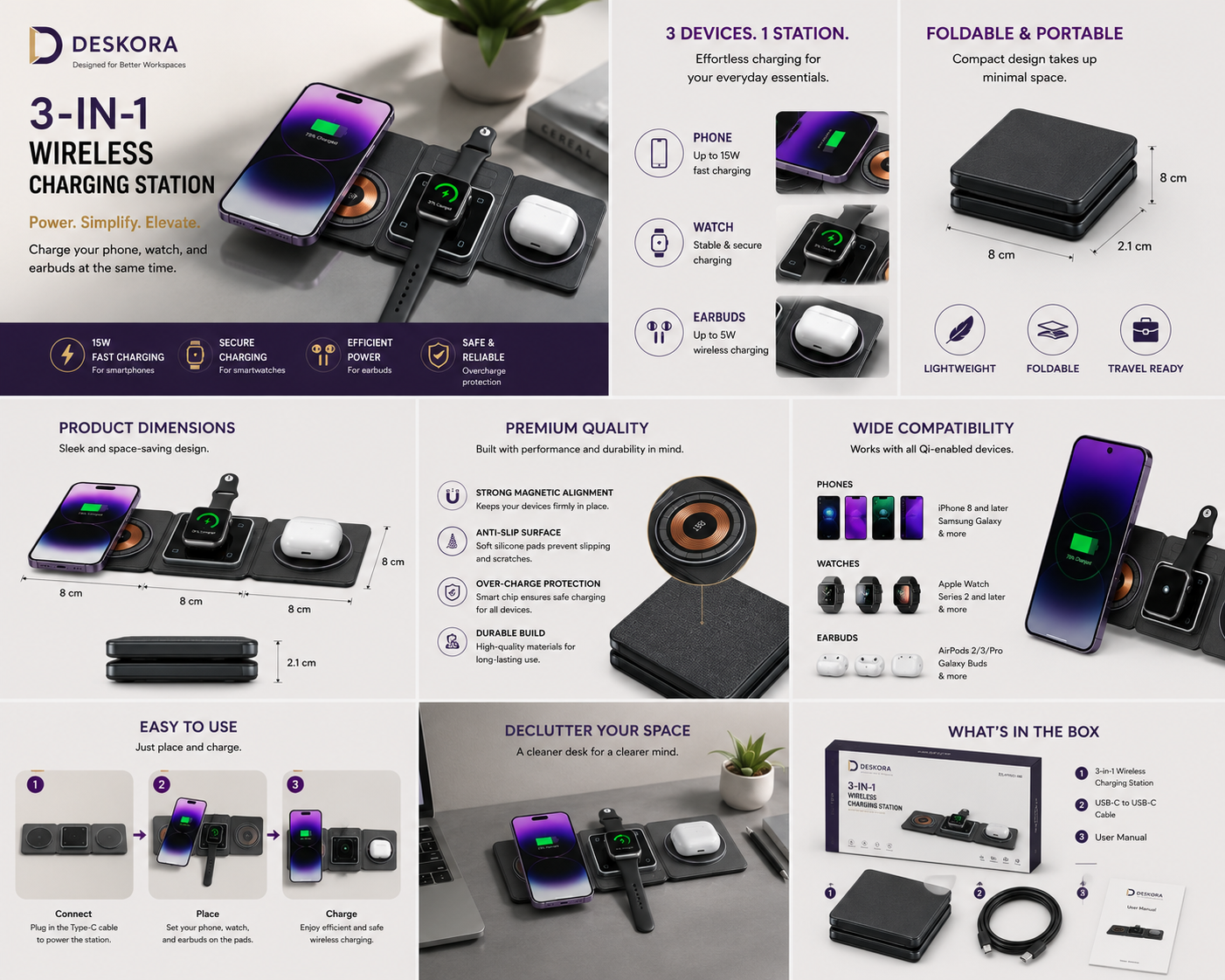 3-in-1 Magnetic Wireless Charging Station | Deskora